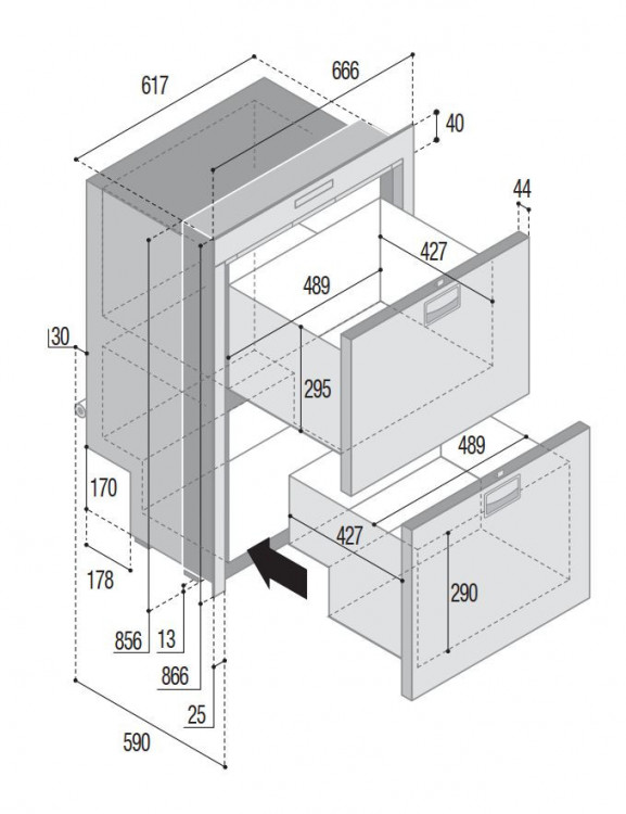 Vitrifrigo DW180 DTX 144 litrů 12/24V rozměry